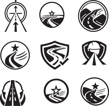 Road and highway silhouettes within circular and shield shaped vector designs