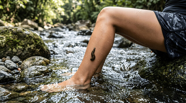 Person sitting on riverbank with legs in shallow freshwater stream and a leech attached to the lower leg outdoors.