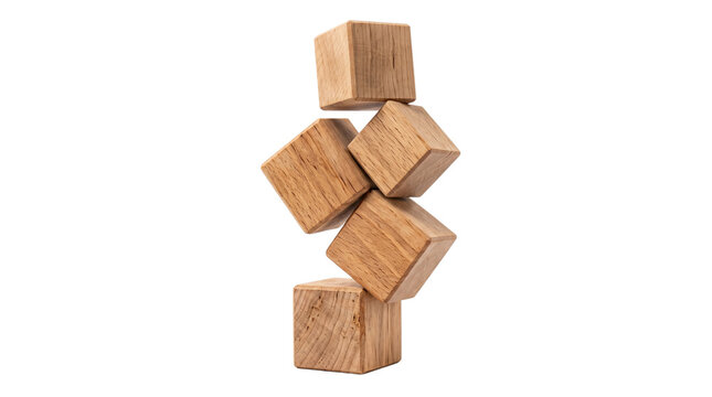 Natural wooden blocks in precarious balance, stacked timber cubes on white background, minimalist wood construction for business stability concepts