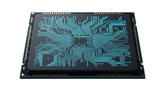 Futuristic CPU processor with glowing blue circuits, high-tech computer microchip on white background, powerful semiconductor hardware