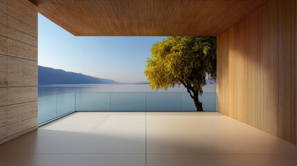 Naklejka premium Modern balcony with warm wood panel serene lake view minimalist design natural light peaceful atmosphere open space tree tranquil setting