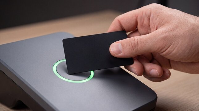 A person holding a black access card near a digital reader with a glowing green circular ad social media download thambnail poster web template event festival 2026 2027 2028