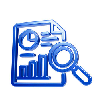Blue 3d data analysis featuring a document with charts and a magnifying glass symbol 3d data analysis isolated on a transparent background