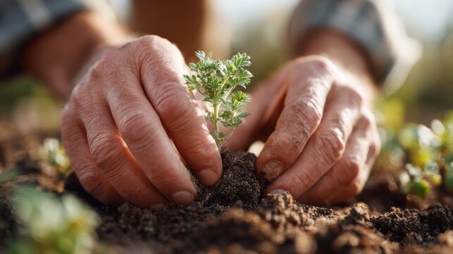 Farmer planting a tiny green sprout into rich dark soil with care hands