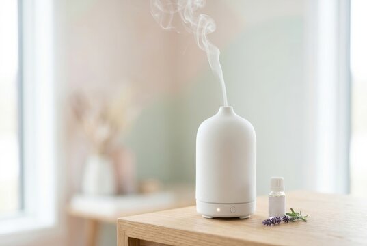 Modern White Ceramic Essential Oil Diffuser Emitting Mist on Wooden Table with Lavender and Oil Bottle for Aromatherapy
