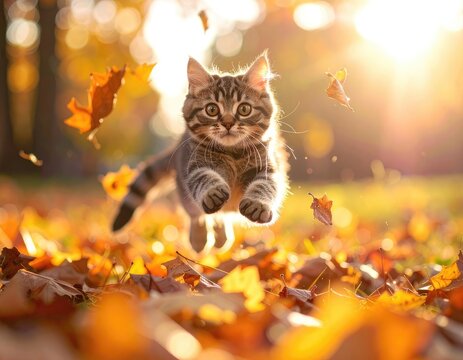 A playful kitten leaps through autumn leaves in the warm sunlight.