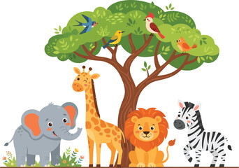 Naklejka premium A collection of cute cartoon wild animals gathered together under a large green tree.