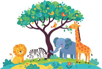 Naklejka premium A group of cute cartoon safari animals standing under a large green tree.