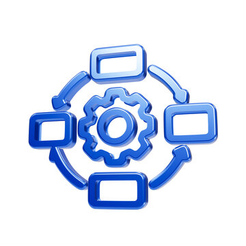 Glossy blue 3d process workflow with central gear and surrounding data blocks and arrows 3d workflow isolated on a transparent background