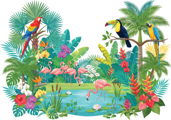 Naklejka premium Vibrant tropical scene featuring colorful parrots toucans and elegant flamingos in a lush jungle setting.