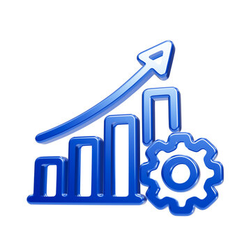 Vibrant blue 3d business growth featuring ascending bar charts, rising arrow, and gear wheel isolated on a transparent background