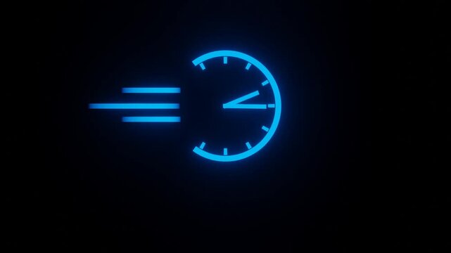 Blue glowing neon fast clock animation with horizontal motion lines loop on black background