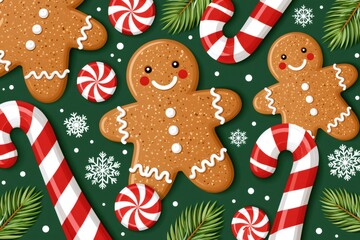 Fototapeta premium Gingerbread men, candy canes, and snowflakes on green background