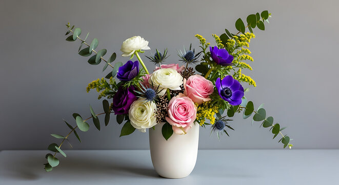 Fresh bouquet of colorful flowers in a vase - A vibrant flower arrangement featuring roses, ranunculus, and anemones in a simple white vase with green foliage.