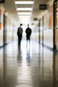 Two silhouetted figures walking down a blurred office