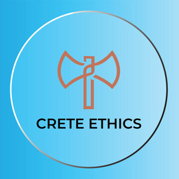 Minimalist Labrys Double Axe Logo with Crete Ethics Typography on Blue Gradient Background