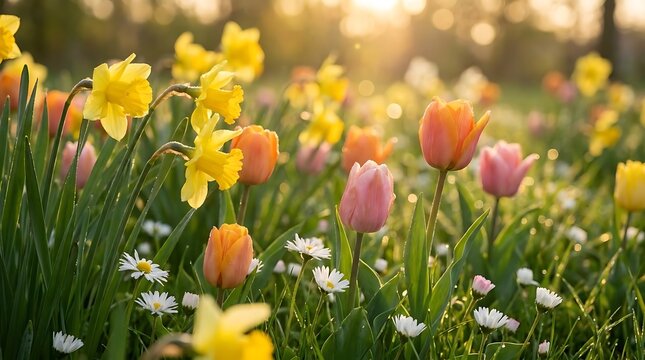 Daffodils tulips and daisies in a sunny spring meadow