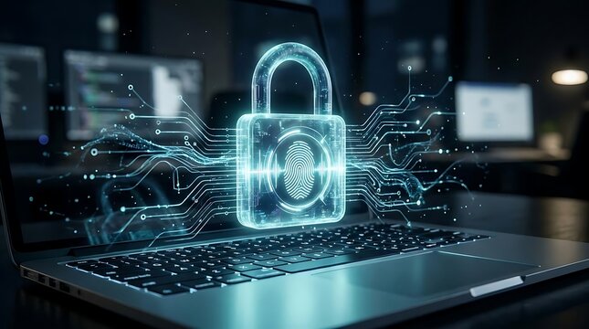Digital padlock and fingerprint on laptop keyboard