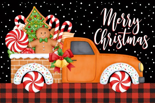 Orange Christmas truck delivering gingerbread man and candy