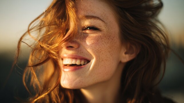 Young woman with red hair and freckles smiling joyfully outdoors smile