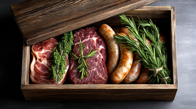 Premium rustic wooden box with raw beef steak, pork chop, sausages, fresh rosemary, and thyme, gourmet meat gift for special occasions