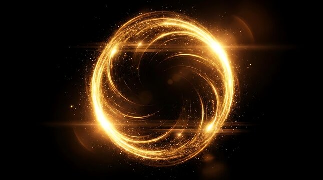 Golden spiral of light and particles on black background