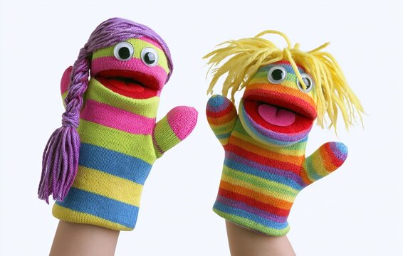 Colorful sock puppets on hands against white background