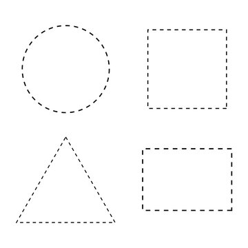 Dashed geometric shape collection featuring circle, square, triangle, and rectangle outlines, minimal vector design elements