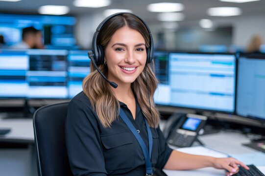 Smiling woman working in busy customer support center