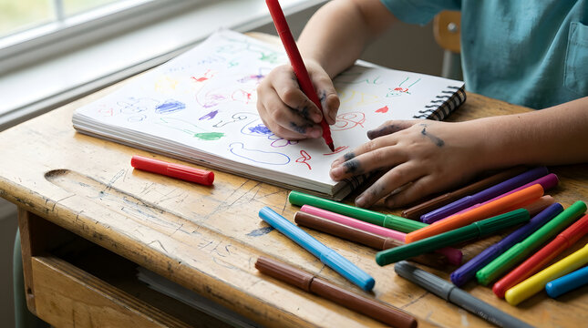 Child Drawing and Painting with Crayons on Paper at a Desk, Creative Hand of Young Artist Exploring Color, Art, Education, and Childhood Learning Activities