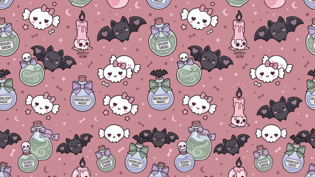 Seamless pastel goth Halloween vector pattern featuring kawaii bats, magic potion bottles, and skull candies on a pink background