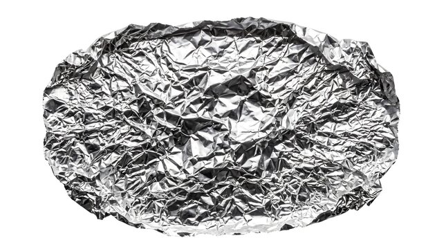 Crumpled round sheet of shiny silver aluminum foil texture