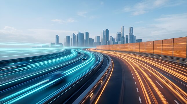 High speed futuristic traffic with glowing light trails on modern city highway representing fast data transfer and fiber optic communication
