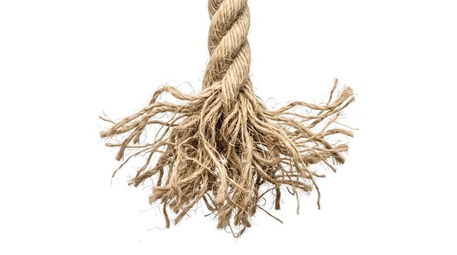 A thick twisted rope fraying at the end showing individual fiber strands