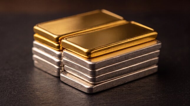 A stack of shiny gold and silver bullion bars arranged on a dark textured slate surface ad social media download thambnail poster web template event festival 2026 2027 2028