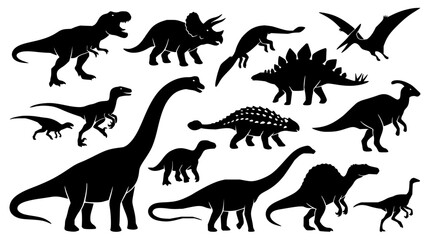 Obraz premium Dinosaur set with black silhouettes featuring Tyrannosaurus, Triceratops, Pterodactyl, Stegosaurus with Brachiosaurus and Velociraptor