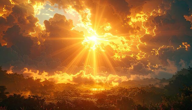 Golden sunbeams pierce through dramatic clouds over a lush, verdant landscape at dawn or dusk.