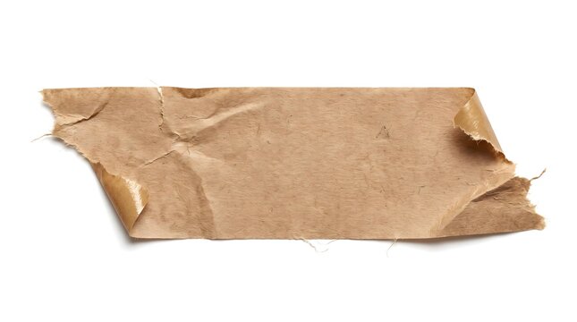 A single strip of brown paper adhesive tape with a torn and folded edge