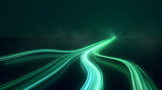 High speed green fiber optic light trails converging into a single stream representing fast data network transmission