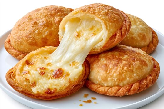 Golden brown empanadas with stretching melted cheese