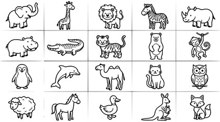 Obraz premium Animal set with simple outline drawings featuring elephant, giraffe, lion with penguin, dolphin and fox