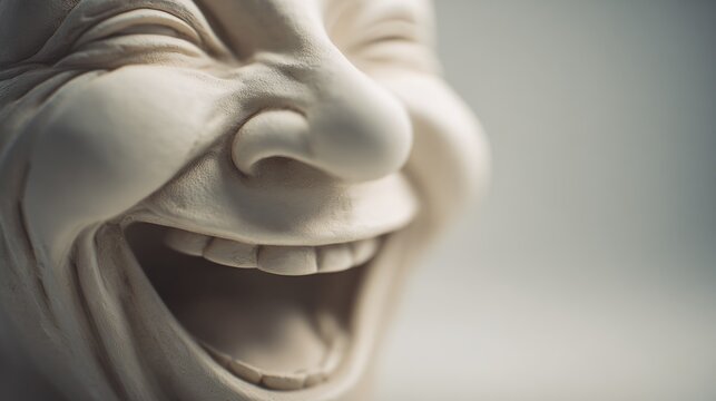 Exaggerated laughing face of a white ceramic sculpture