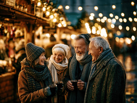 Seniors Enjoying Mulled Wine at Christmas Market - Generative AI - no real persons