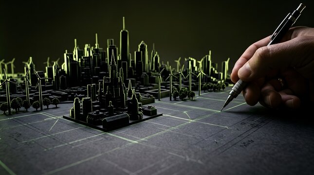 Architect hand designing sustainable smart city model with wind turbines and glowing green energy grid infrastructure