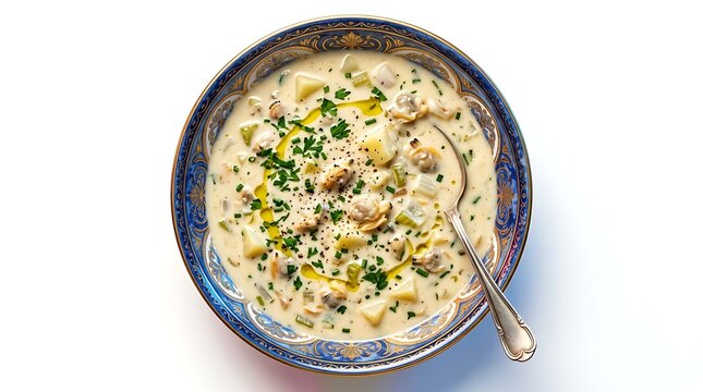 Creamy Clam Chowder Soup in an Ornate Blue and Gold Bowl Garnished with Fresh Herbs and Olive Oil Isolated on White