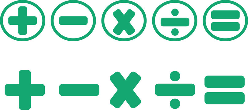 A collection of green mathematical operation symbols including addition subtraction multiplication division and equality signs presented as both circular icons and plain flat