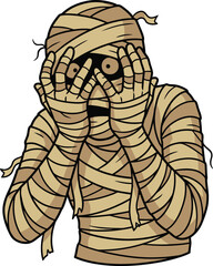 Obraz premium Cartoon illustration of a frightened mummy wrapped in bandages covering its eyes.
