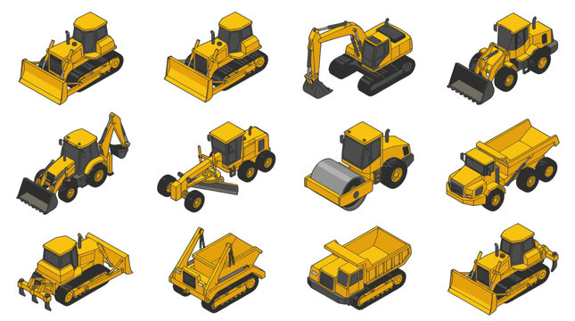 Collection of yellow construction vehicles in isometric view.