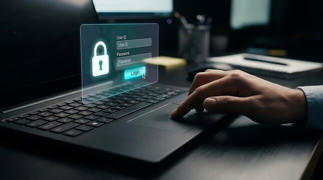 Hand touching laptop with holographic login interface