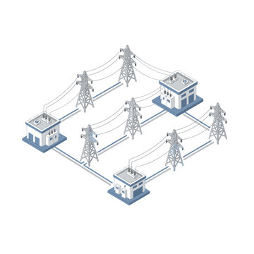 Isometric illustration of electrical power grid network.